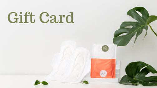 Gift card text with Day and Night Ruth pads in the backdrop. Decorated by two green leaves on the right side.